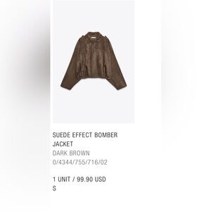 Zara Dark Brown Suede Effect Bomber Jacket